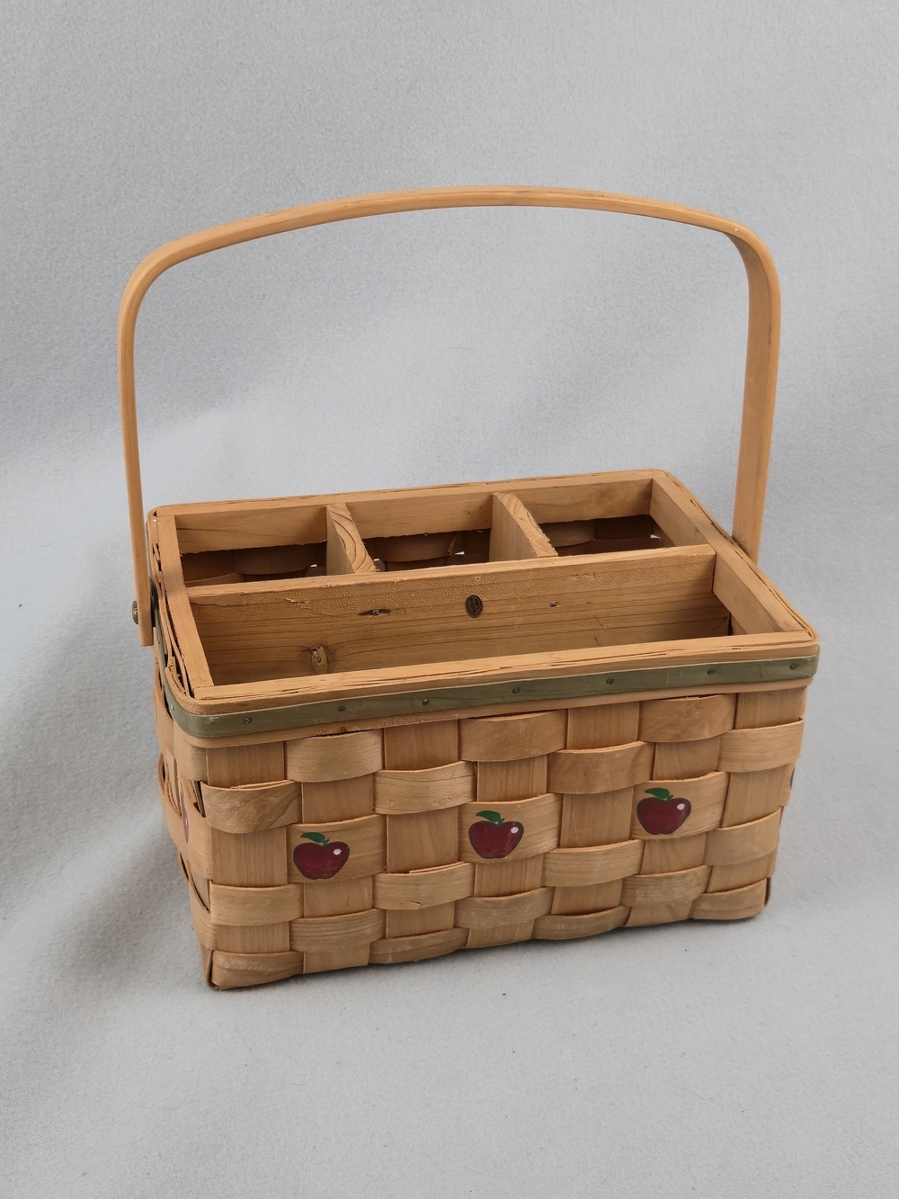 Vintage Woven Wood Divided Caddy Apple Motif Basket